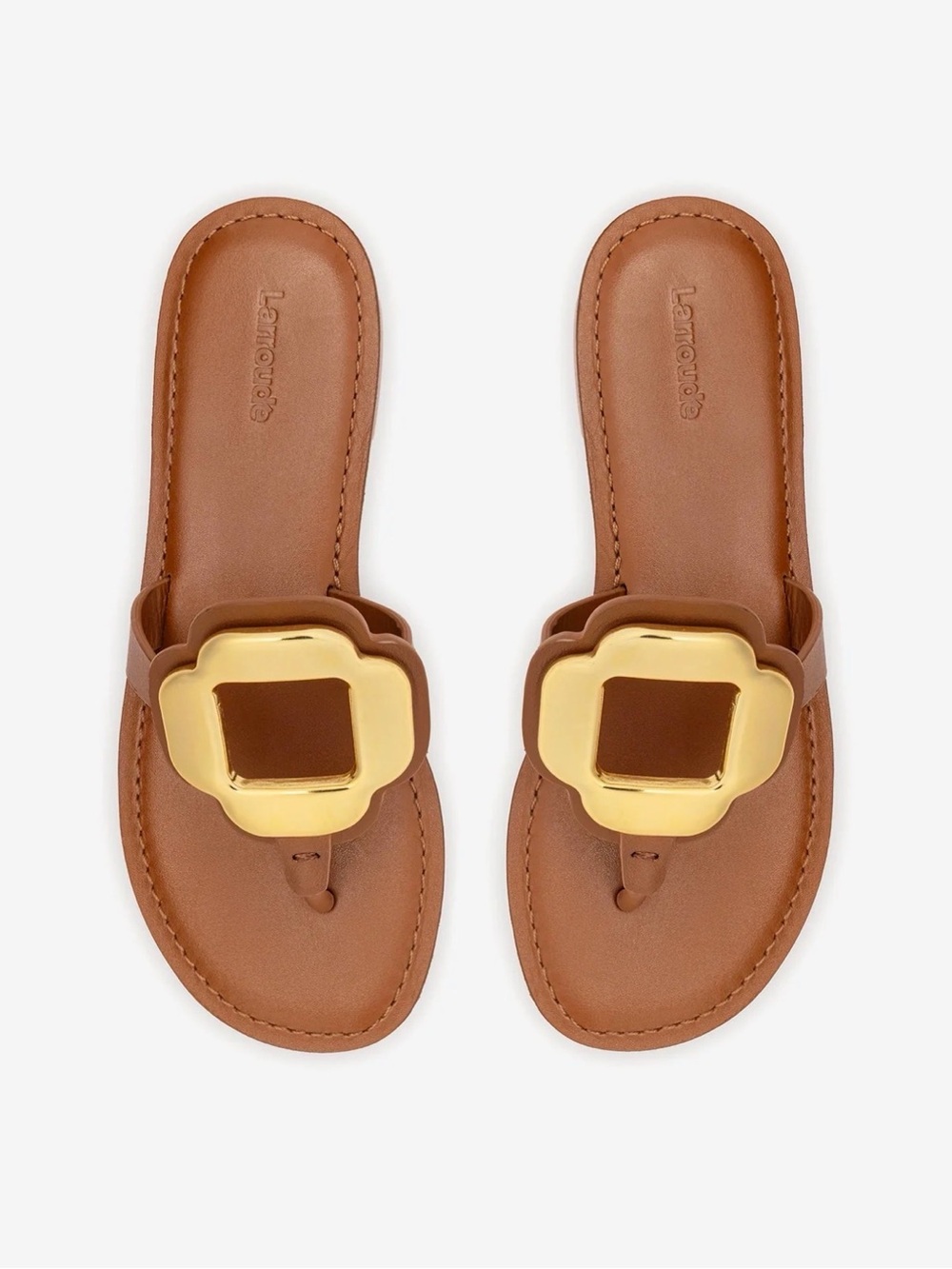 Larroude Margherita - Brown Leather Thong Sandals with Gold Detail